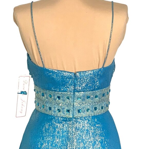 Dazzling Metallic Blue Silk Gown Flowy Prom 0 Hoco Glam Pageant Jeweled Hi-Low - Picture 7 of 11